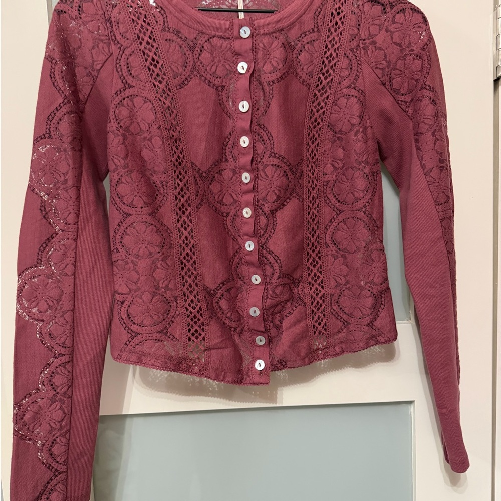FP Movement by Free People Lace Button-Up Top - Burgundy